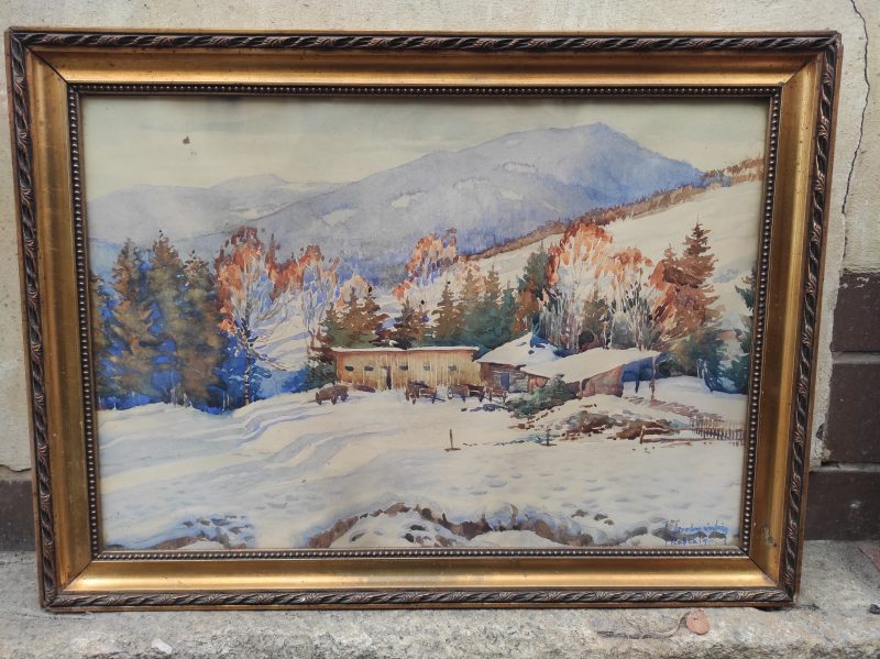 Rabka - pejzaż zimowy, Józef Seredyński (1888-1954), akwarela na papierze 1945 r.
