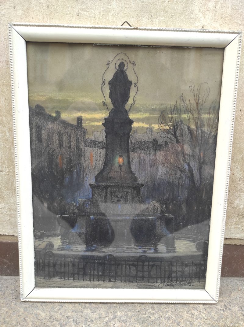 Fontanna z figurą Matki Boskiej, Józef Seredyński (1888-1954), pastel na papierze 1915 r.